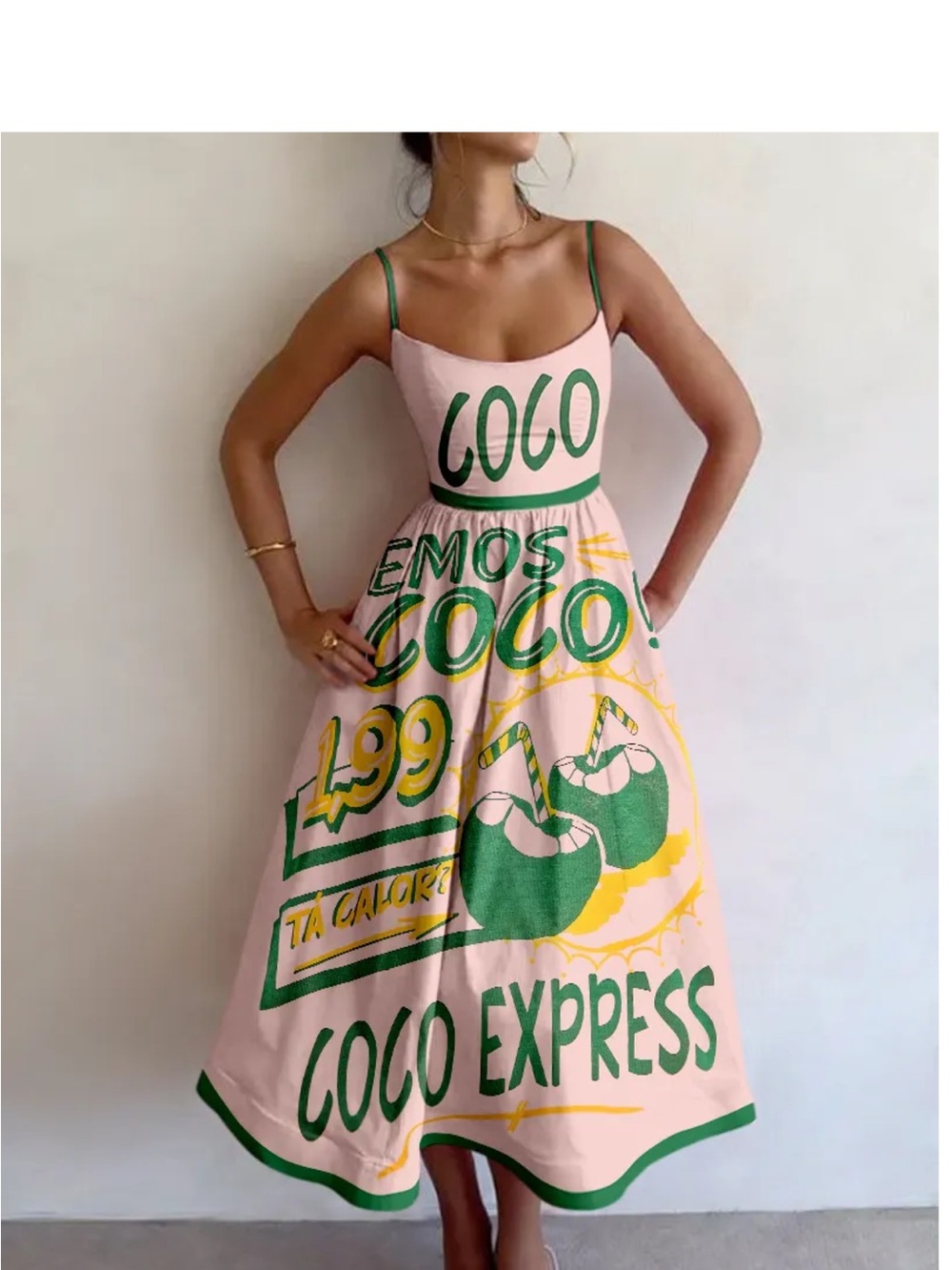 Pink 'Coco Express' Graphic Midi Dress with Green Trim